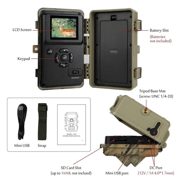 Trail Hunting & Game Deer Wildlife Camera 24MP HD 1296P Video 0.1s Fast Trigger Time Motion Activated Password Protected Waterproof | A262