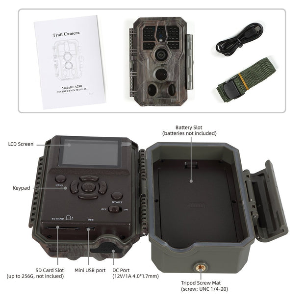 A280 Game Trail Camera 24MP 1296P Video 100ft Night Vision Motion Activated Wildlife Observing Deer Camera